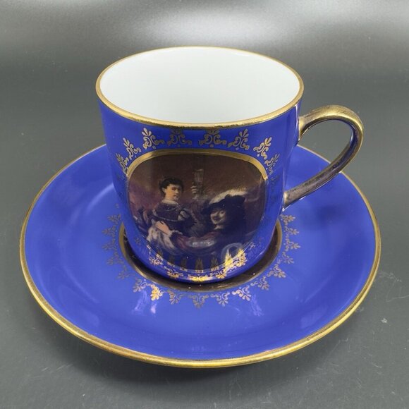 Kuba Bavaria Cobalt Blue Portrait Teacup And Saucer Set Germany Gold Edges VTG - Picture 9 of 16